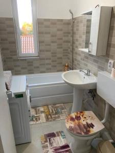 uma casa de banho com um lavatório, um WC e uma banheira em Lovely 1-room apartment em Popeşti-Leordeni
