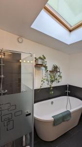 y baño con bañera y tragaluz. en "Maison verte" - terrasse - parking - 10min du métro en Montreuil