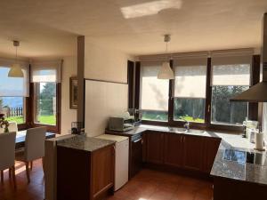 cocina con encimera y algunas ventanas en Casa Rural Mollo, Vall de Camprodon, en Molló