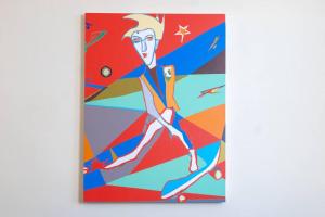a painting of a woman sitting on a skateboard at Hoboken Haven – Heart of town! in Hoboken