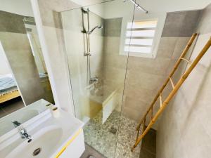 a bathroom with a sink and a glass shower at Villa 2 chambres, Jacuzzi et Piscine in Maximin