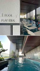 a collage of three pictures of a swimming pool at [300m to PRJ] Expo Friendly 2BR in Jakarta