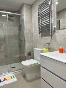 マドリードにあるAparment Almudenaのバスルーム(シャワー、トイレ、シンク付)