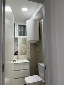 un piccolo bagno con servizi igienici e lavandino di Aparment Almudena a Madrid
