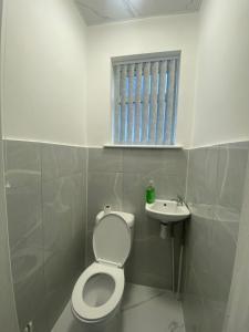 uma casa de banho com um WC e um lavatório em Luxury Fully Furnished Bedrooms em Leicester