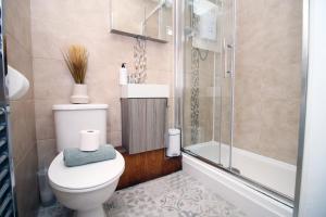 a bathroom with a toilet and a shower at Central Mumbles Apartment, Properties By O & G, Incredible Location, Sleeps 4! in The Mumbles +21 photos