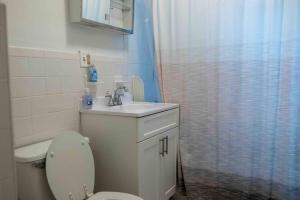 a bathroom with a toilet and a sink and a shower at Cozy apartment in beautiful midtown Hoboken in Hoboken +22 photos