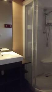 GravièresにあるSud Ardeche joli chalet clim piscine rivière LE CERF Village du serreのシャワー、洗面台、トイレ付きのバスルーム