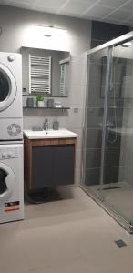 a bathroom with a shower and a sink and a washing machine at Horizon Blue Apartment & Spa in Skopje