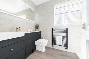 a bathroom with a toilet and a sink and a mirror at Colt Park Cottage in Ulverston