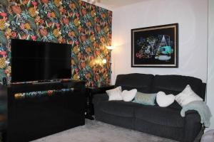 sala de estar con sofá y TV de pantalla plana en Cameronian Apartment, en Stirling