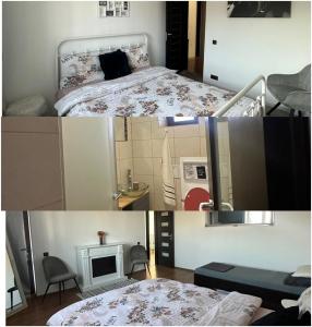 a collage of three pictures of a bedroom at Vila Mik Guesthouse in Săcele