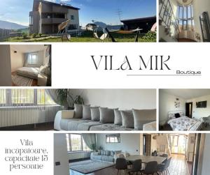 uma colagem de fotografias de uma sala de estar e de uma villa em Vila Mik Guesthouse em Săcele