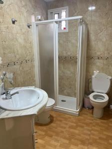 a bathroom with a shower and a sink and a toilet at Guadalora in Lora del Río