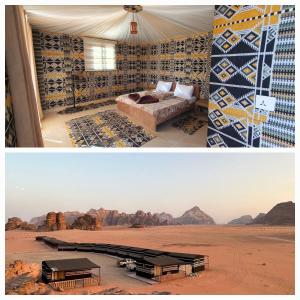 two pictures of a bedroom with a bed in the desert at Rum Under The Stars Camp in Wadi Rum