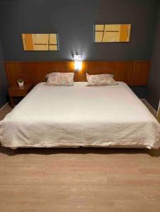 sypialnia z dużym białym łóżkiem z 2 poduszkami w obiekcie Flat Live Lodge w São Paulo