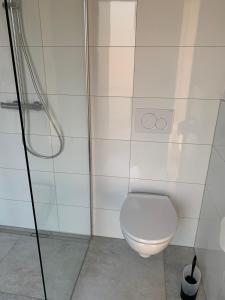 La salle de bains est pourvue d'une douche et de toilettes. dans l'établissement Wohnung in Betzingen, à Reutlingen