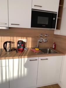a kitchen counter with a sink and a microwave at Wohnung in Betzingen in Reutlingen