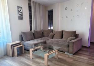 sala de estar con sofá y mesa de centro en Appartement au pied du château, en Montbéliard