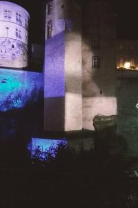 a tall building with a blue and white tower at Appartement au pied du château in Montbéliard +3 photos