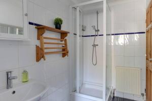 a bathroom with a shower and a sink at Roman Cottage Chelmsford in Chelmsford