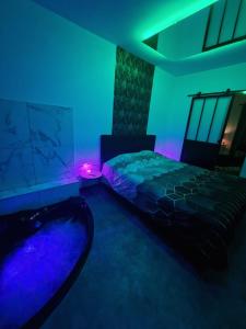 - une chambre avec un lit et un éclairage bleu et vert dans l'établissement Suite GOLD Mulhouse, à Mulhouse