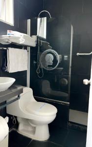 a bathroom with a toilet and a shower at Hotel Puerto Chinchorro in Arica