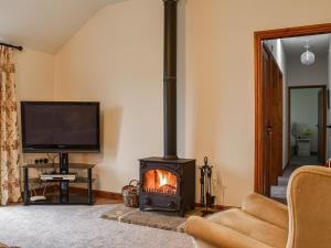 a living room with a fireplace and a tv at Swallowdale Cottage in Levisham