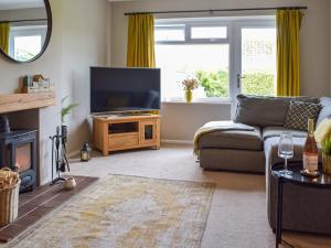 a living room with a couch and a television at Maes Dyfed in St. Davids