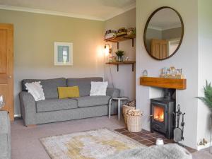 a living room with a couch and a mirror at Maes Dyfed in St. Davids