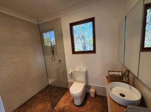 a bathroom with a toilet and a sink and a window at Bluebell Cottage in Beechmont +18 photos