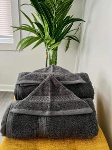 a stack of towels sitting on a table with a plant at 4 Bedroom Bungalow - 5 min to Uptown Charlotte in Charlotte