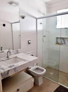 ein Bad mit einem Waschbecken, einem WC und einer Dusche in der Unterkunft Apartamento charmoso no centro de Ubatuba in Ubatuba