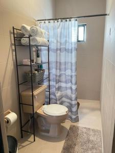 a bathroom with a toilet and a shower curtain at Casa Ragma in Parras de la Fuente