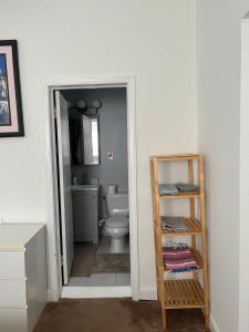 a bathroom with a toilet and a book shelf at The Orange House in Washington, D.C.