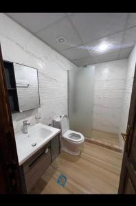 La salle de bains est pourvue de toilettes, d'un lavabo et d'un miroir. dans l'établissement Hilton Wadi rum, à Disah