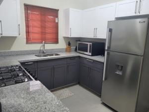 cocina con nevera de acero inoxidable y microondas en Ocean Pointe, Lucea, Hanova, Jamaica, en Lucea