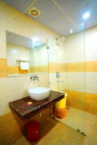 uma casa de banho com um lavatório e uma cabina de duche em vidro. em Hotel Amansara em Lucknow