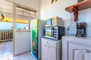 a kitchen with a microwave on top of a refrigerator at Bungalow de 2 chambres a Bouillante a 70 m de la plage avec vue sur la mer piscine partagee et jardin clos in Bouillante