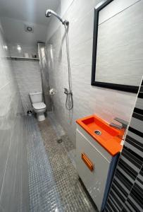 y baño con ducha, aseo y lavamanos. en Apartamento céntrico económico en Berga P1, en Berga