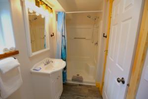 y baño blanco con lavabo y ducha. en 2nd Floor Newly Renovated room in Hatcher Pass Castle, en Willow