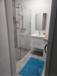 W łazience znajduje się szklana kabina prysznicowa i umywalka. w obiekcie PERŁOWA PRZYSTAŃ SIANOŻĘTY - APARTAMENT DWA POKOJE w Sianożętach