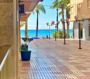 una calle con palmeras y el océano en el fondo en Santa Pola Suites, en Santa Pola