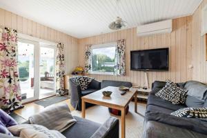 een woonkamer met 2 banken en een tv bij Bogns Cabin in Holbæk