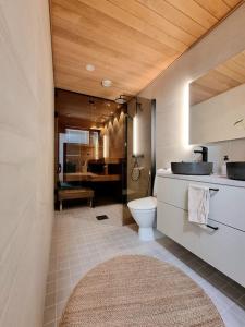 een badkamer met een toilet, een wastafel en een douche bij Holiday Black Pearl in Rovaniemi