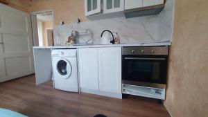 a kitchen with a washing machine and a sink at Guest rooms KRASI in Strazha