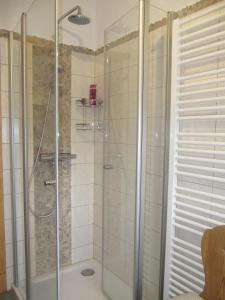 La salle de bains est pourvue d'une douche avec une porte en verre. dans l'établissement Ferienwohnung Hägelhof, à Naila