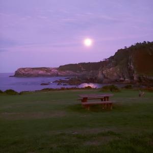 a picnic table in a field with the moon in the sky at Tu Casina del Norte in Luanco