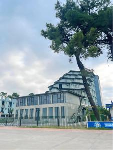 un edificio blanco con un árbol delante en Argo Hotel, en Ureki