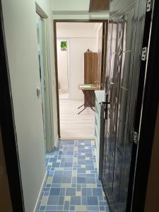 einen Flur mit blauem Fliesenboden in einer Küche in der Unterkunft Casa Darius 1 in Alexandria